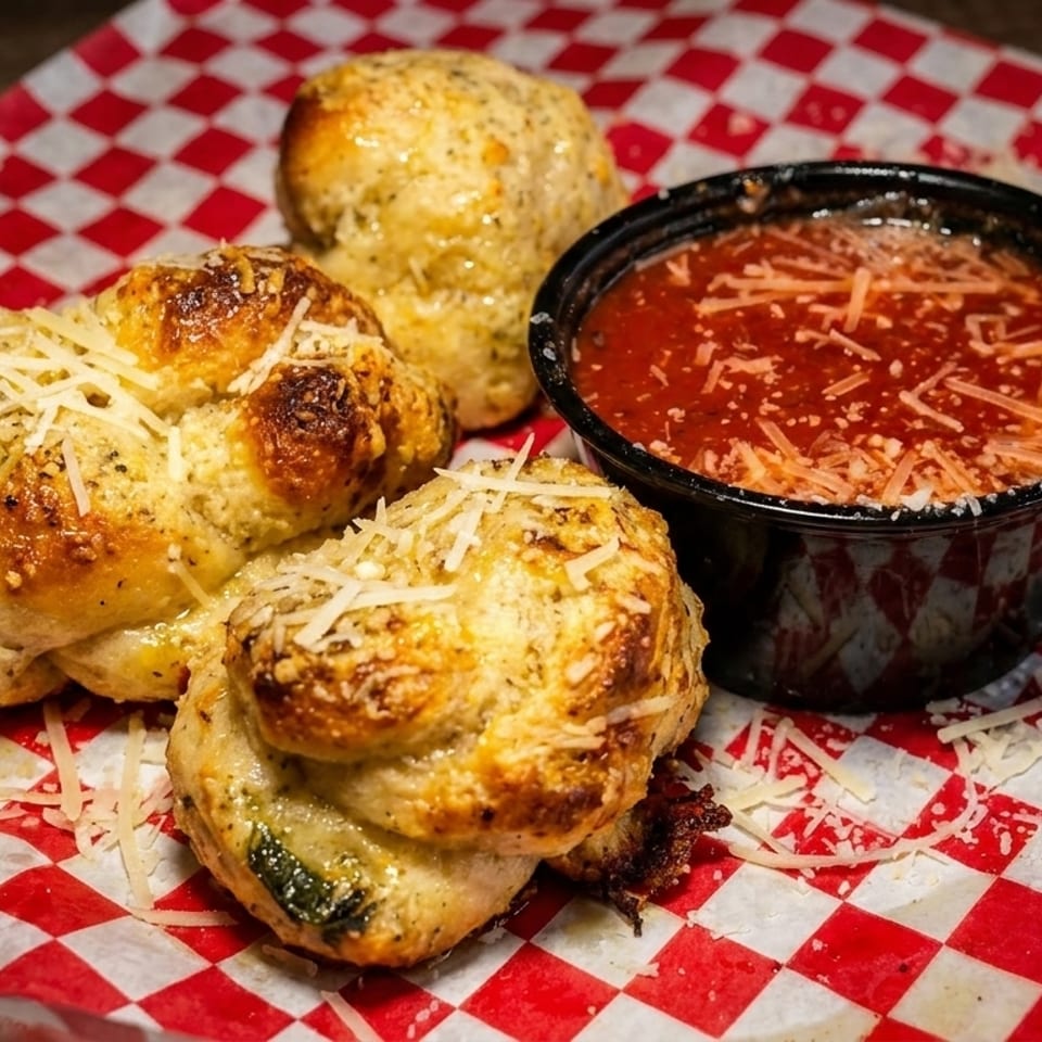 Three garlic knots with parmesan cheese and herbs, next to a cup of marinara sauce on checkered paper.