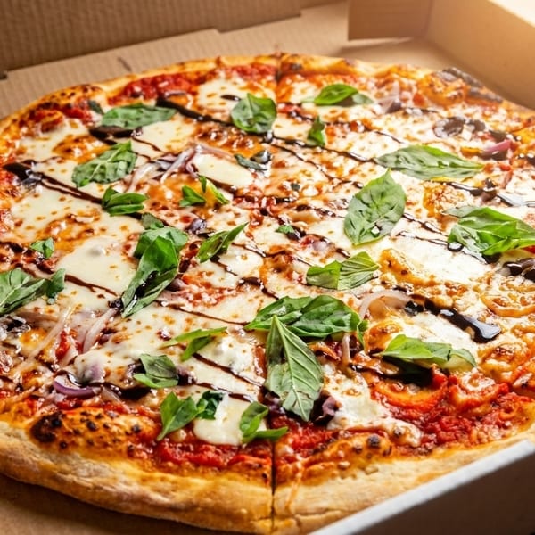 Freshly baked pizza with basil, mozzarella, and balsamic glaze in a cardboard delivery box.