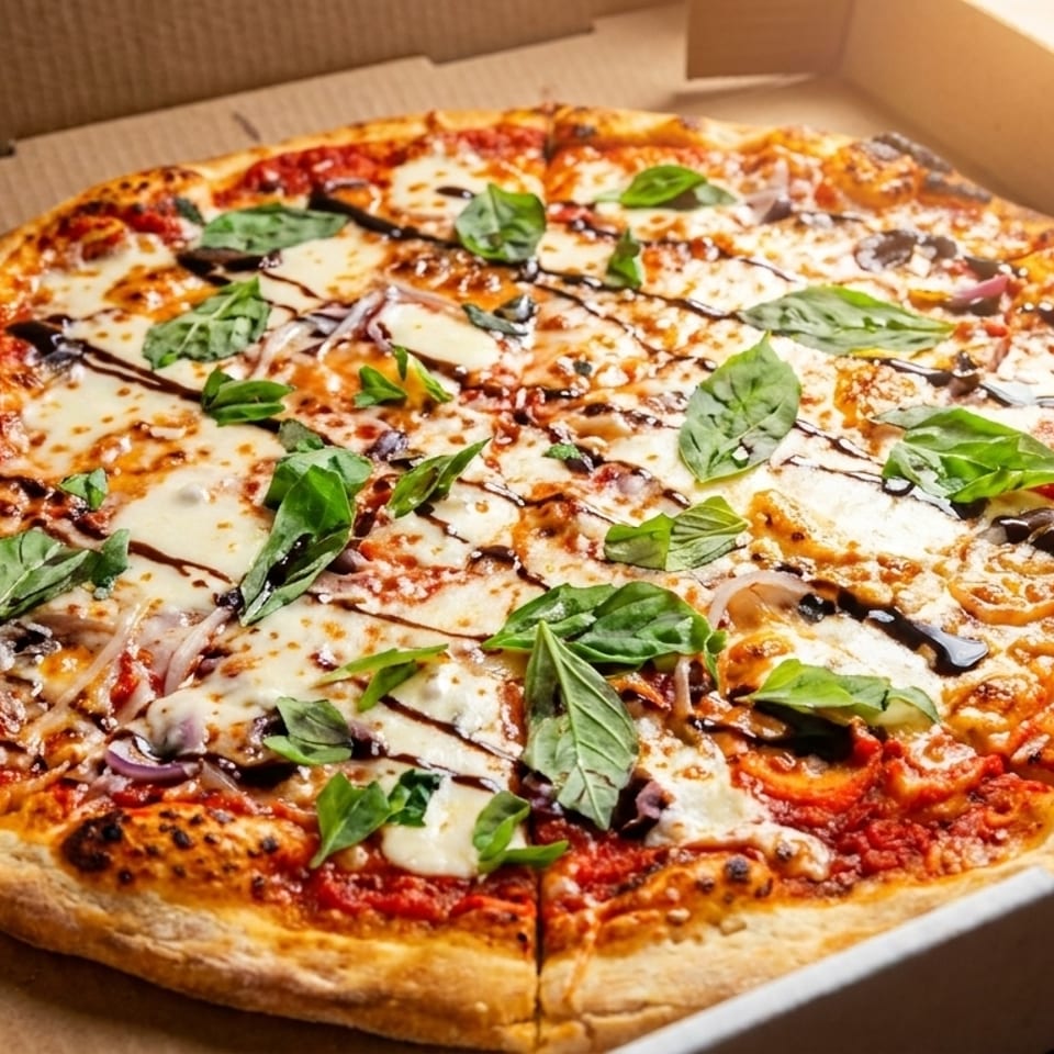 Freshly baked pizza with basil, mozzarella, and balsamic glaze in a cardboard delivery box.