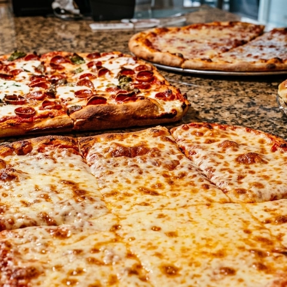 Three pizzas, one pepperoni, one cheese, and one half-eaten, with a side of garlic knots.