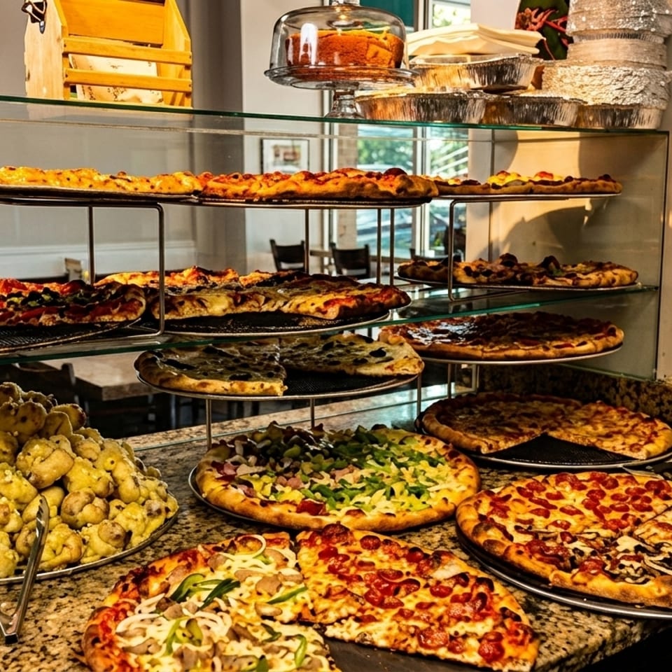 A display case and counter filled with various pizzas and garlic knots at a restaurant.