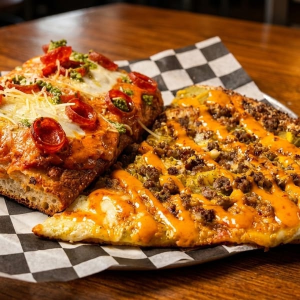 Two large pizza slices, one pepperoni and pesto, the other with ground meat and cheese sauce.