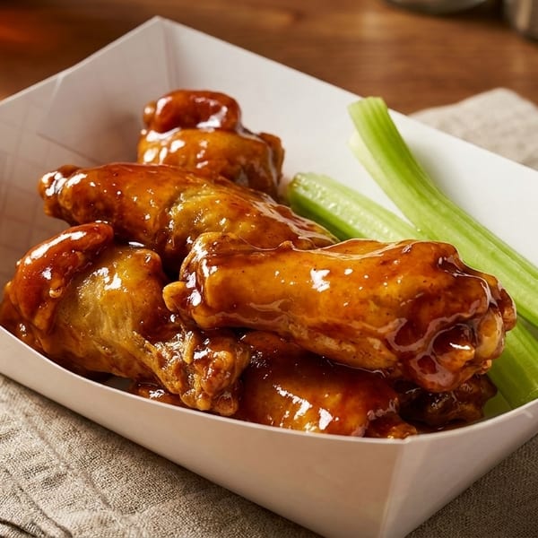 Sweet and sour chicken wings with celery sticks in a white paper tray on a wooden table.