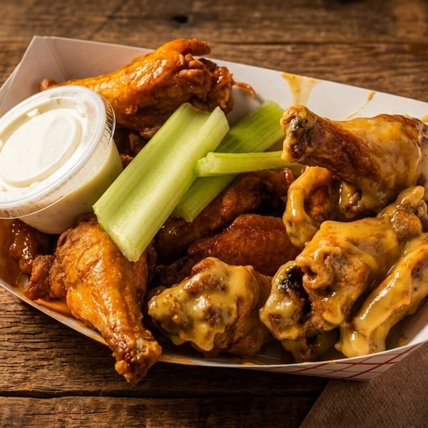 A paper tray of chicken wings, some sauced, with celery sticks and a side of ranch dressing.