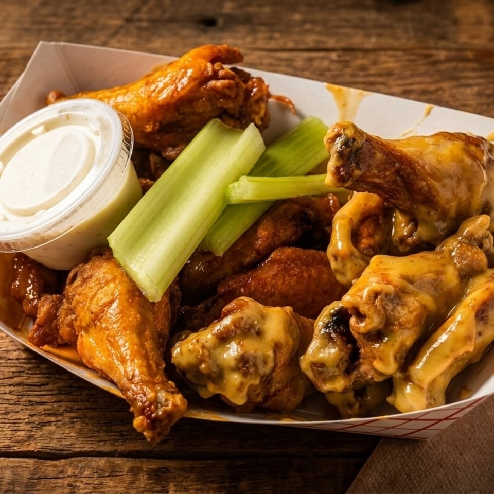 A white paper tray filled with buffalo wings, celery sticks, and a side of ranch dressing.