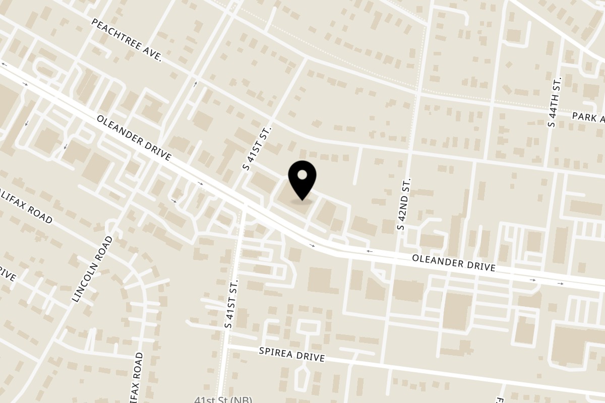 Map showing the location of Pie's On Pizzeria & Grill on 4107 Oleander Dr STE F in Wilmington